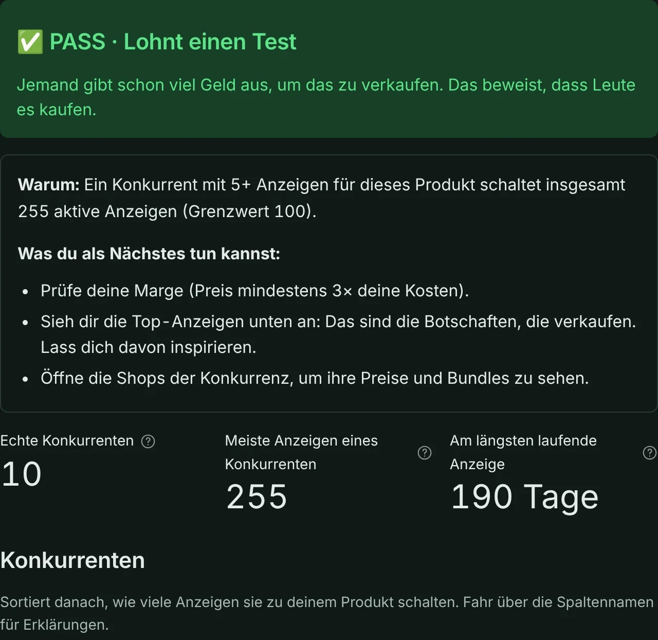 SellProof zeigt für ein Produkt das Ergebnis PASS und die Konkurrenten, die dafür werben